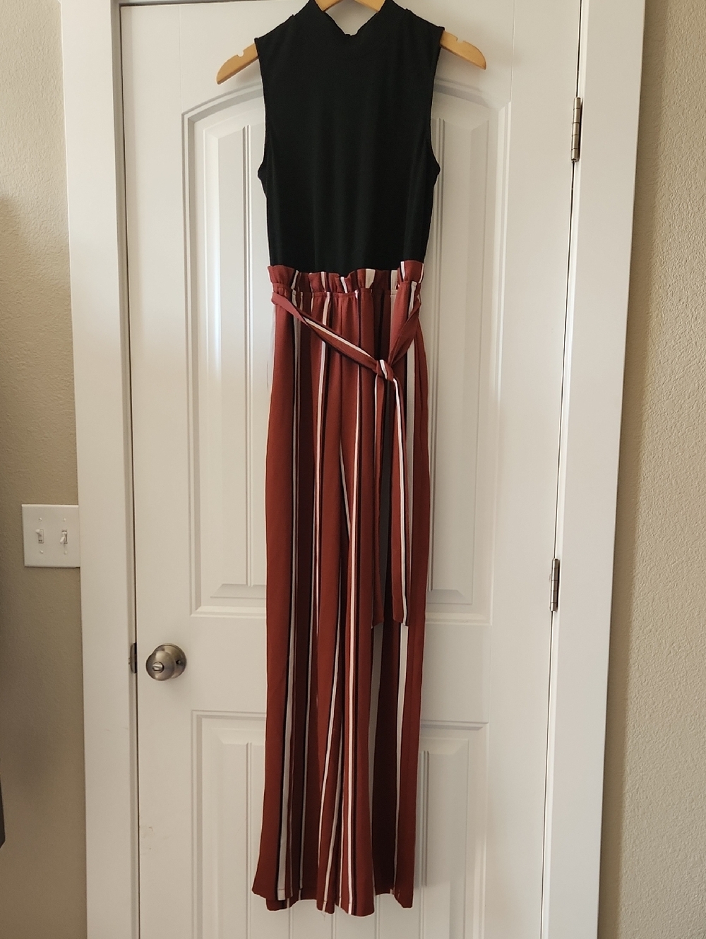 Lily Rose Black Sleeveless Top with Rust & White Striped Paperbag Waist Jumpsuit